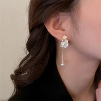 elegant white flower pearl earrings for women korean fashion crystal simulated pearls bow tassel dangle earrings brincos jewelry