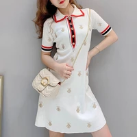 2022 spring and summer new style small fragrance ladies temperament embroidery polo collar simple knitted slim dress women