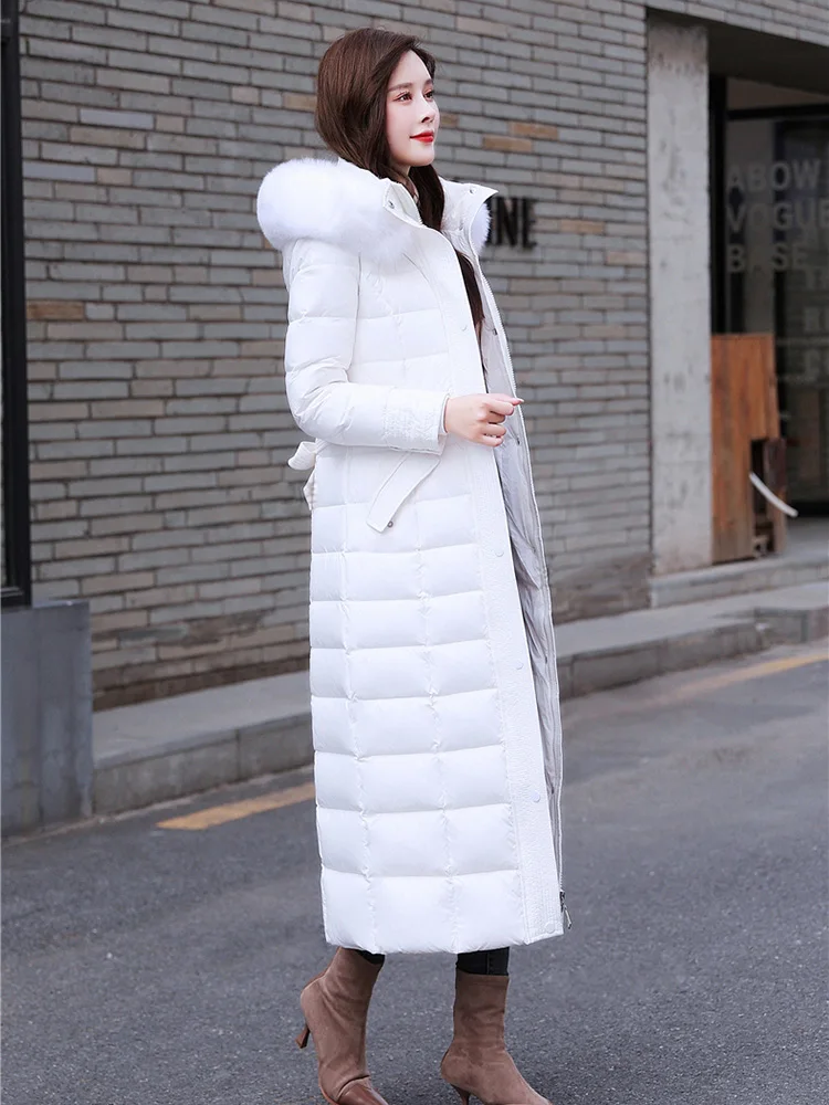 New Women Thicken Down Coat Winter Fashion Real Fox Fur Collar Hooded Lengthened Belt Down Jacket Keep Warm Slim Overcoat Female