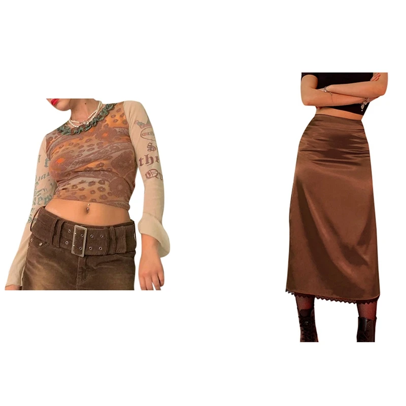 

1 Pcs Retro Mesh T-Shirts Slim O-Neck Tees L & 1 Pcs Lace Trim High Waist Midi Skirts Brown L