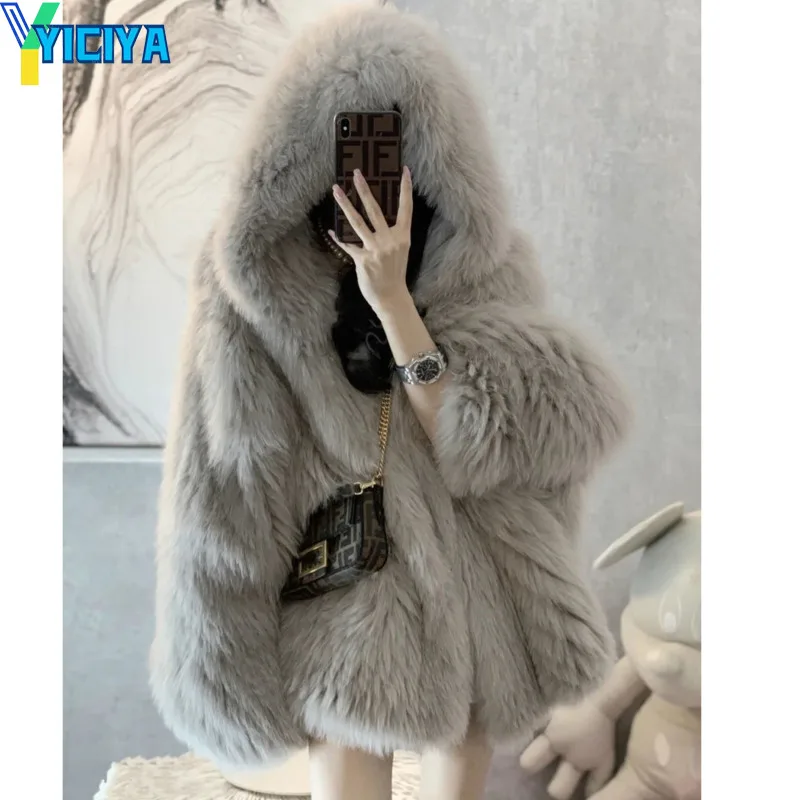 yiciya fox fur jackets coats winter clothes women parkas hooded Imitation fox short coat Female clothing 2022 Women's jacket met