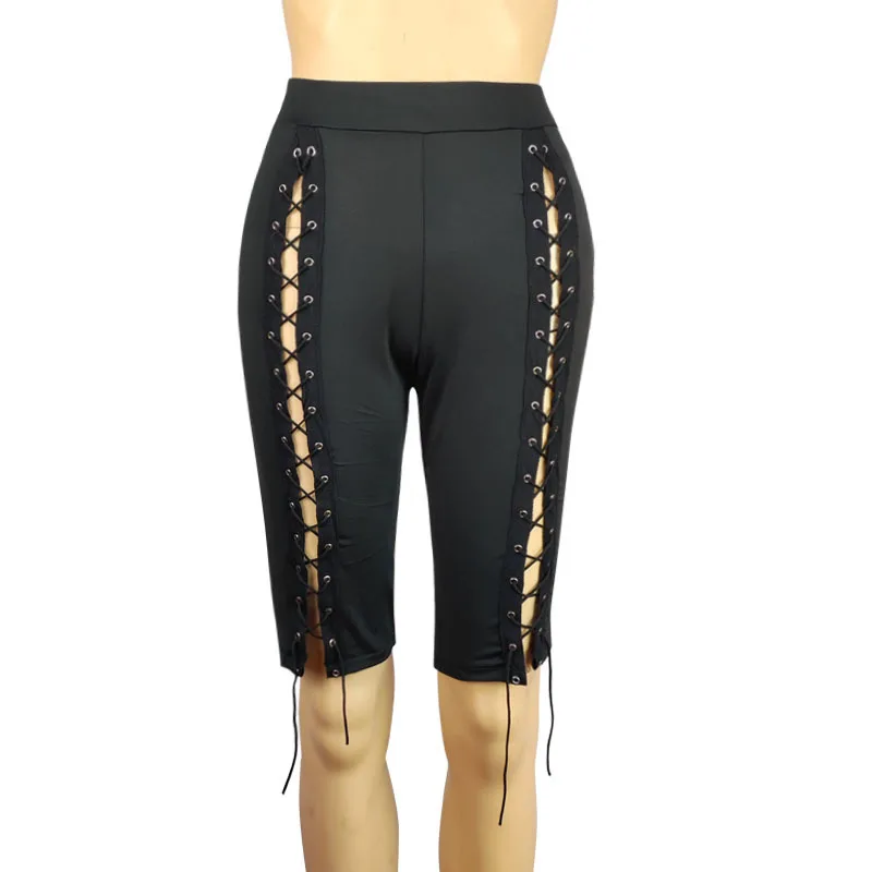 New Black Lace-Up Shorts Women Sexy Hollow Out Kneed Length Pants Bandage Skinny Pencil Pant Sport Gym Running Ride Trousers XL