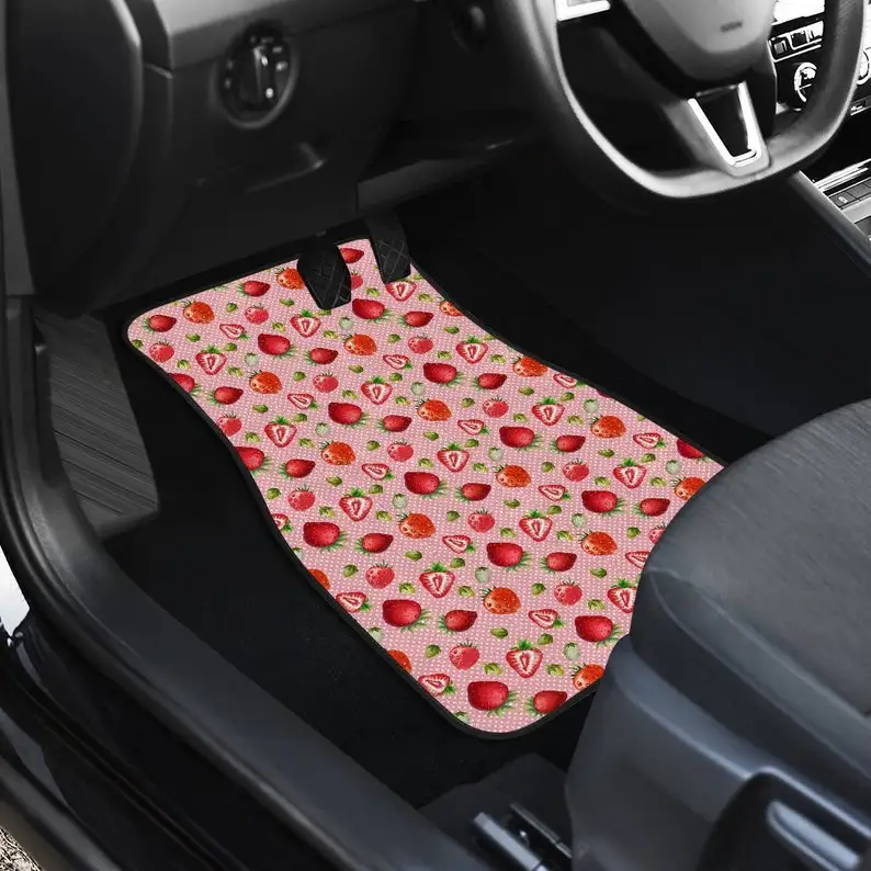 

Pink Strawberries Car Floor Mats Set of 4 Front and Back | Pink Cute Car Accessories | Kawaii Auto Accessory Strawberry