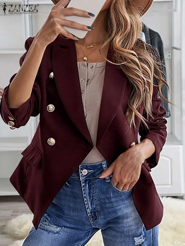

ZANZEA 2022 Fashion Waisted Suits Casual Solid Color Patchwork Suit Collar Suit Coat Autumn Office Lady Long Sleeve Women Blazer