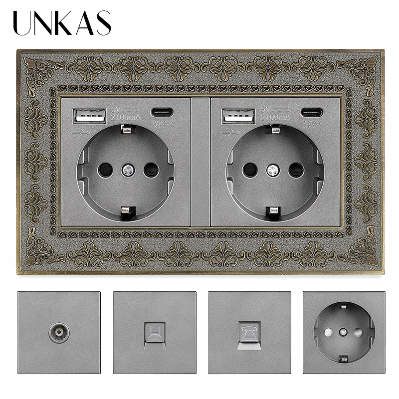 Фото UNKAS серая розетка ЕС Тип C USB порт + ТВ RJ11 Телефон RJ45 Интернет-компьютер гнездо 4D тиснение панель Ретро цинковый сплав розетка №1