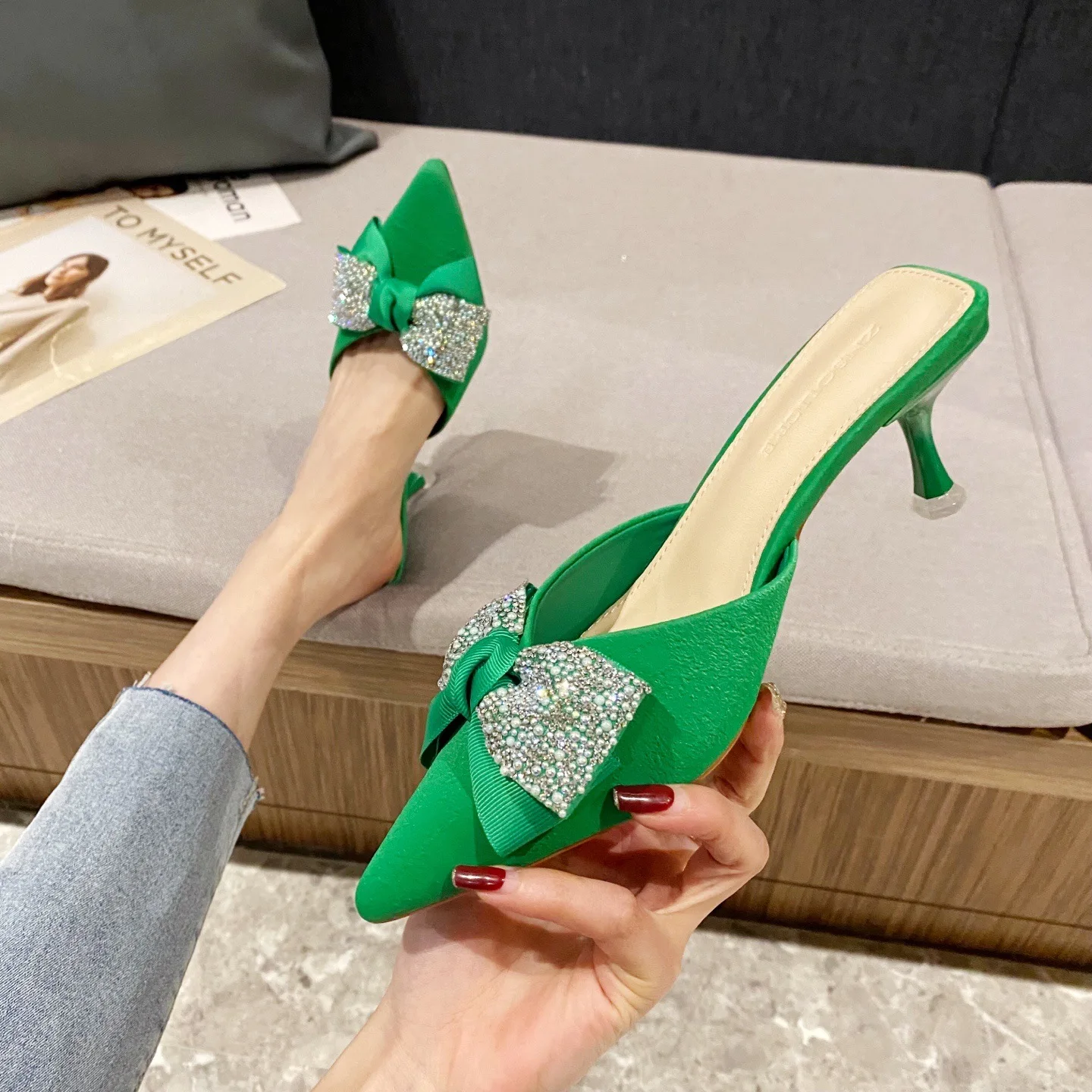 

High heels women's stiletto pointed toe 2022 new apricot temperament bow single shoes fashion slippers women