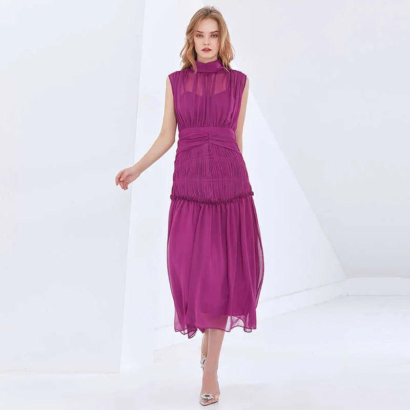 

Женское винтажное шифоновое платье миди без рукавов, с рюшами, воротником-стойкой и высокой талией, 2022