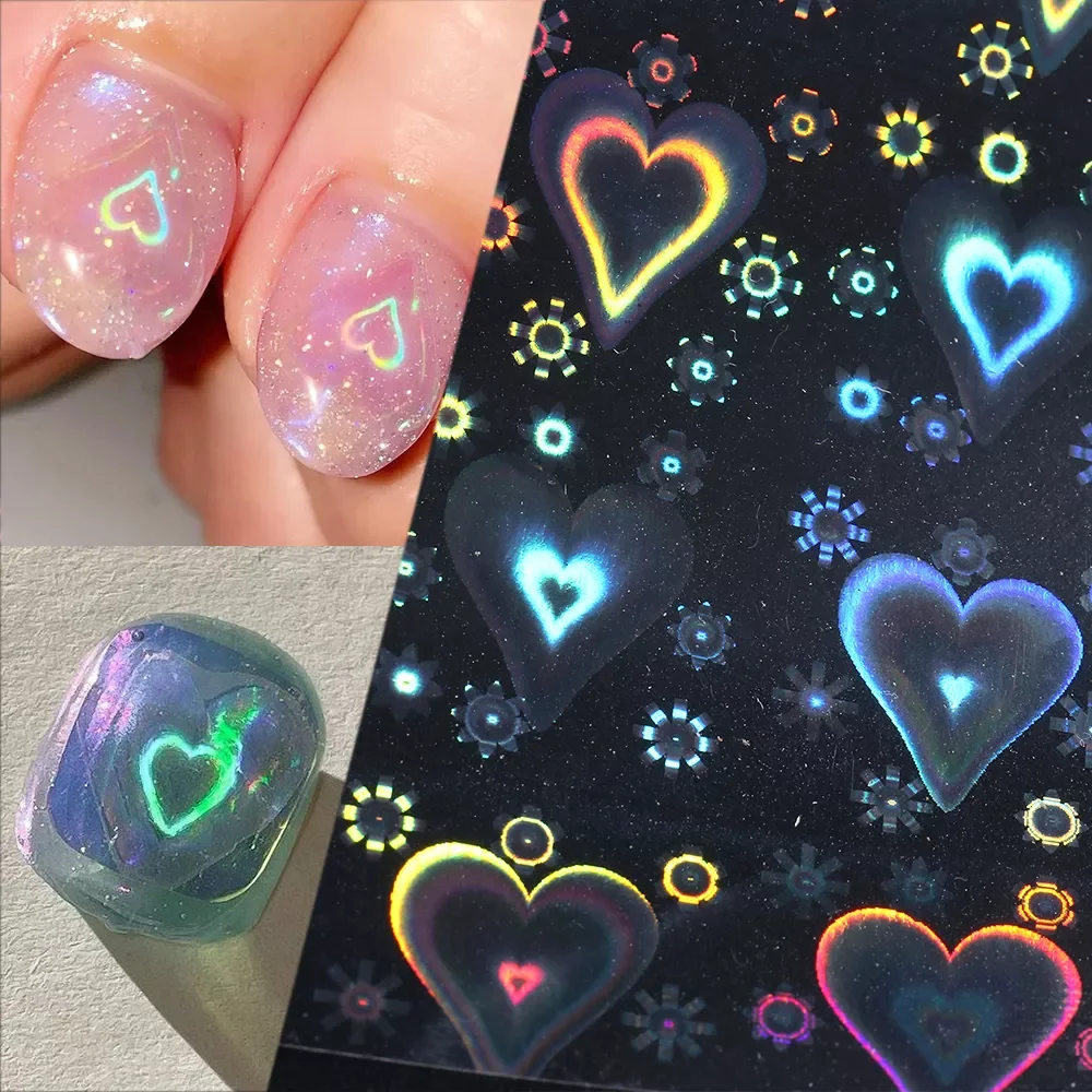 

Heart Holographic Nail Sticker 3D Laser Star Slider For Nails Aurora Film Foils Self Adhesive Decals Manicure Design FB1982