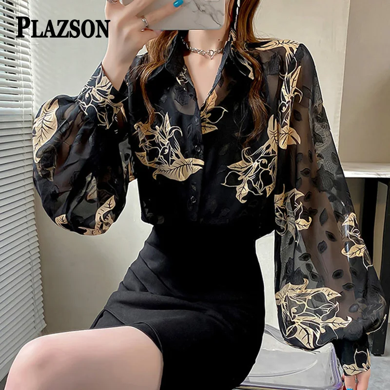 

PLAZSON Chiffon See-though Shirts Blouses Women Floral blusas mujer elegantes y juveniles Female Top Summer Vacation Streetwear