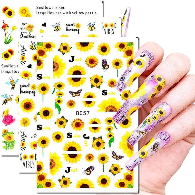 Наклейки для дизайна ногтей, Подсолнухи, бабочки, задний клей, фотонаклейки для ногтей, красивые накладки