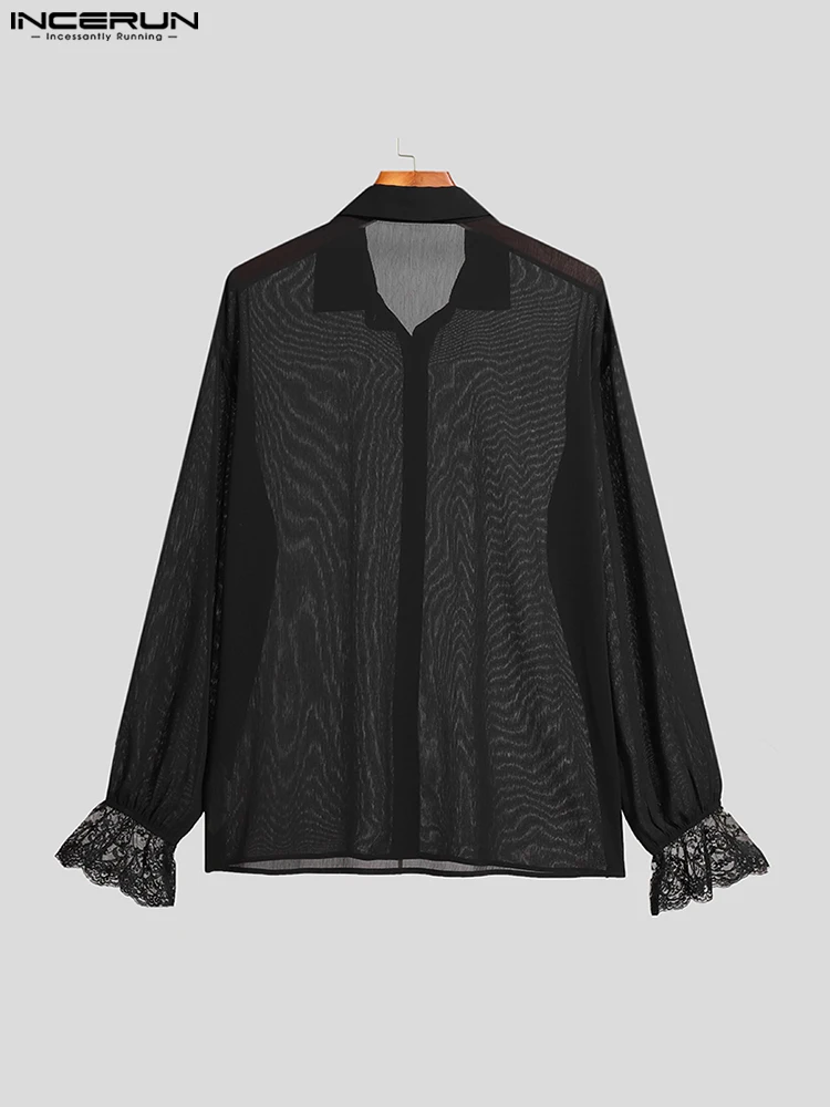Casual Hot Sale New Men's Cuffs Lace Tops INCERUN Trim See-through Mesh Blouse Stylish Male Solid Long-sleeved Shirts S-5XL 2022