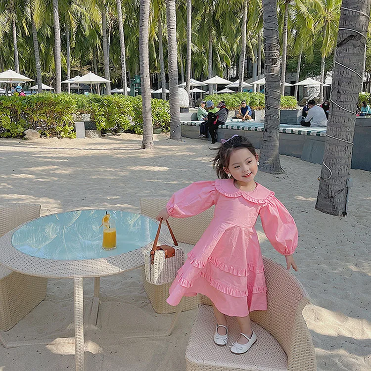 

Children's Sweet Dress Spring and Summer Girl's Long-Sleeved Dress Children Shirt Clothing Solid Color Vacation Skirt
