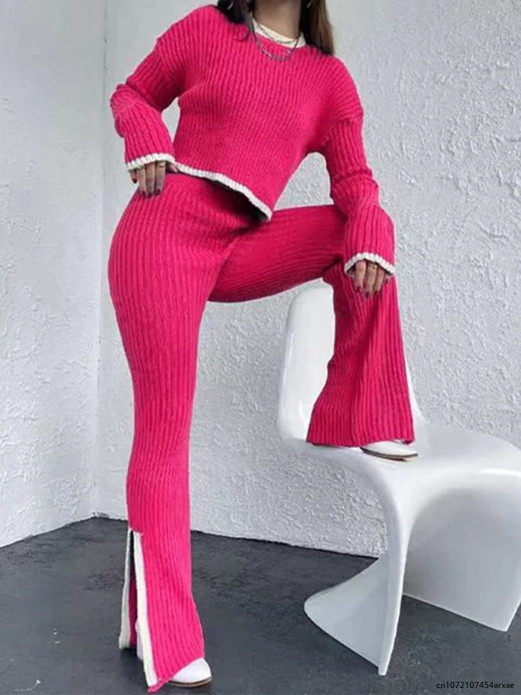 

2023Women Fashion Autumn Knitted Pullover Two Piece Set Female Fashion Patchwork Casual Matching Set Women Straigt Pants Set