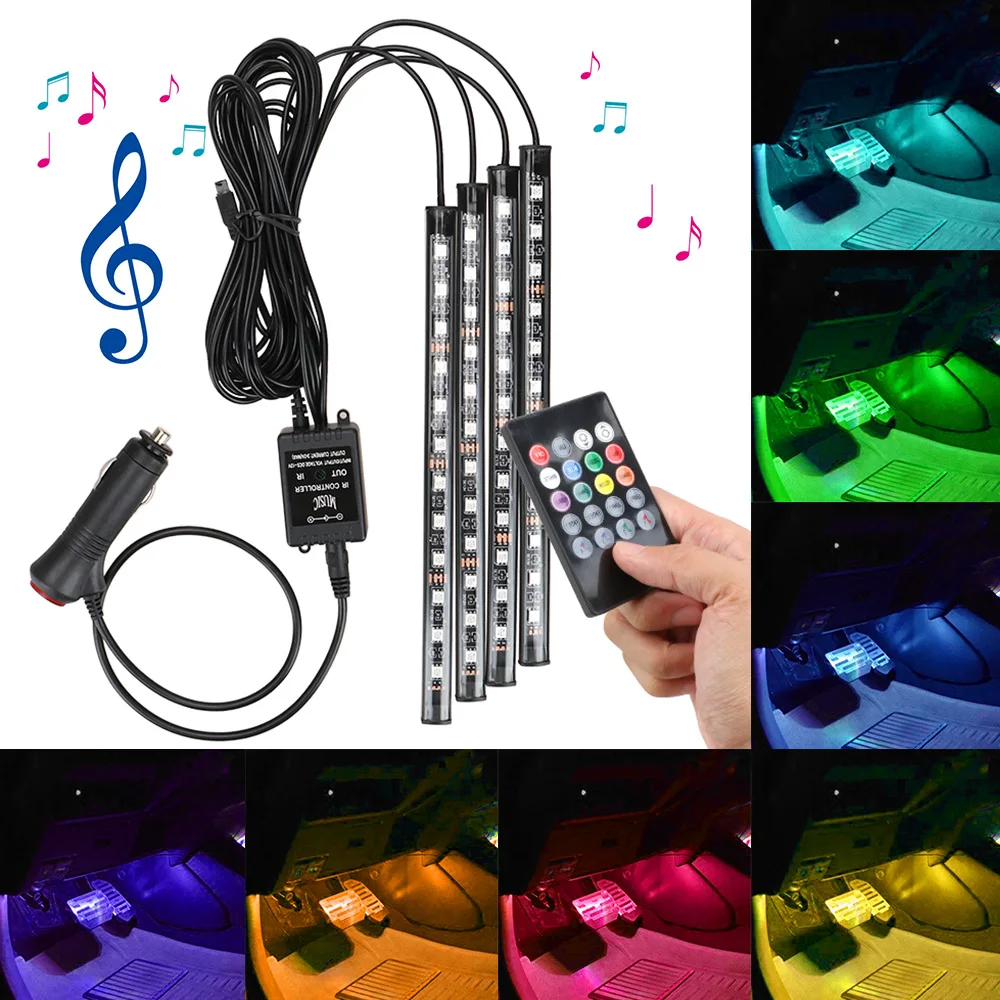 

RGB LED Cars Interior Light Strip Atmosphere 12V 5 Modes Wireless Lamp Roof Star Colors Decorative Wireless Remote Control