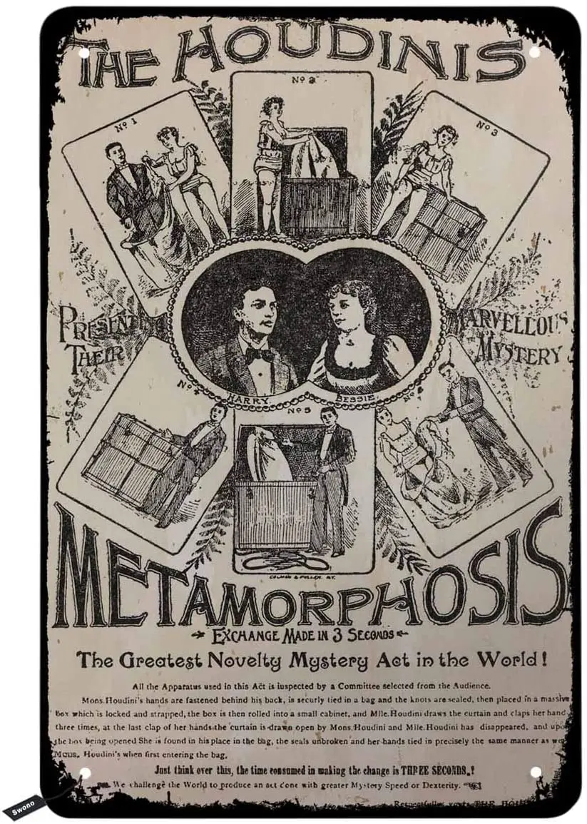 Swono Houdinis, выполняющий метаморфоз, плакат, оловянные знаки, винтажный металлический жестяной знак для мужчин и женщин, Настенный декор для бара