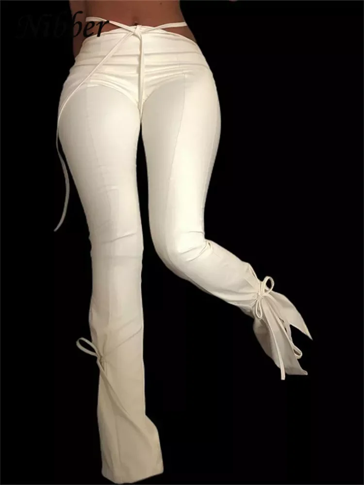 

Nibber Fashionable Bandage Hollow Y2K Style Trousers Womens Street Casual Wear 2020 Autumn Winter PU Leather pencil pants Female