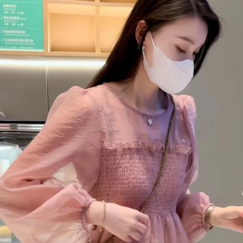 Рубашки и блузки для женщин шифоновый женский топ с круглым вырезом пышными