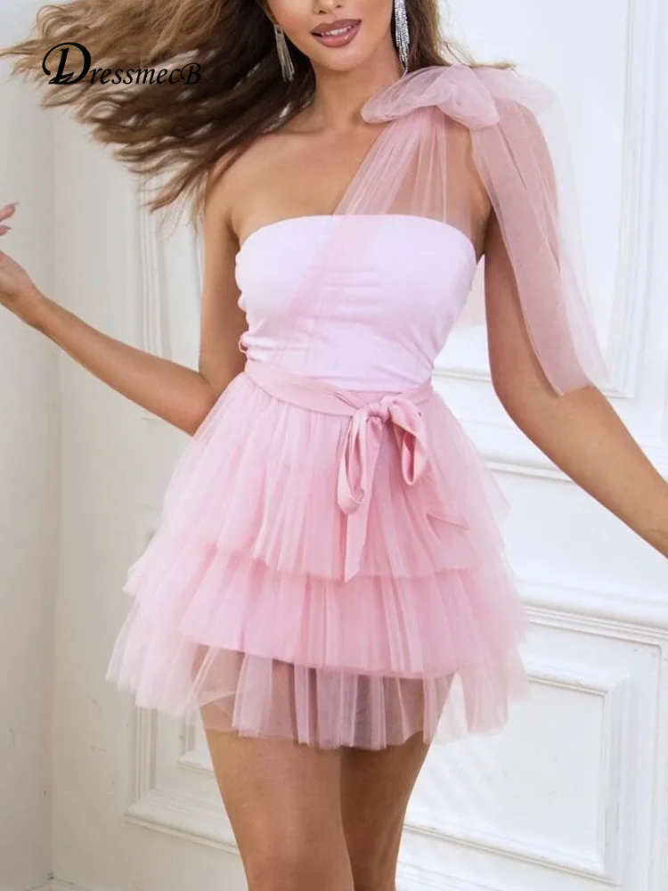 Dressmecb Solid Pink Mesh Mini Dresses 