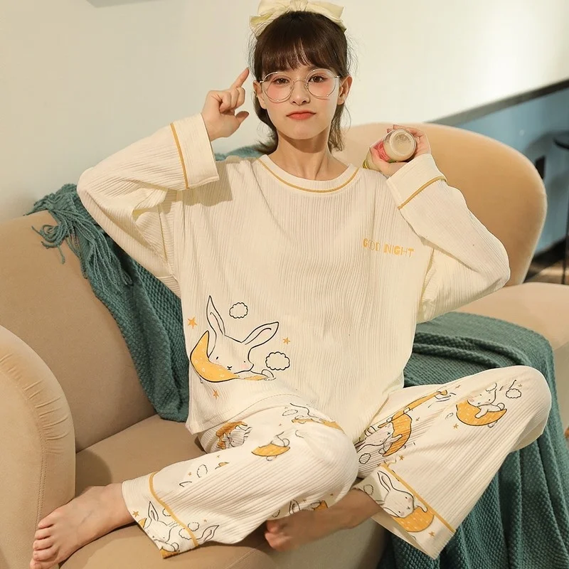 pajamas women autumn and winter long sleeve cotton simple leisure sweet girl large size home clothes suit can be worn out