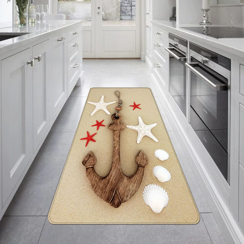 

Long Kitchen Mat Non-slip Floor Carpet Rug Flannel Printed Starfish Seashells Beach Water Absorption Bathroom Living Room Rug