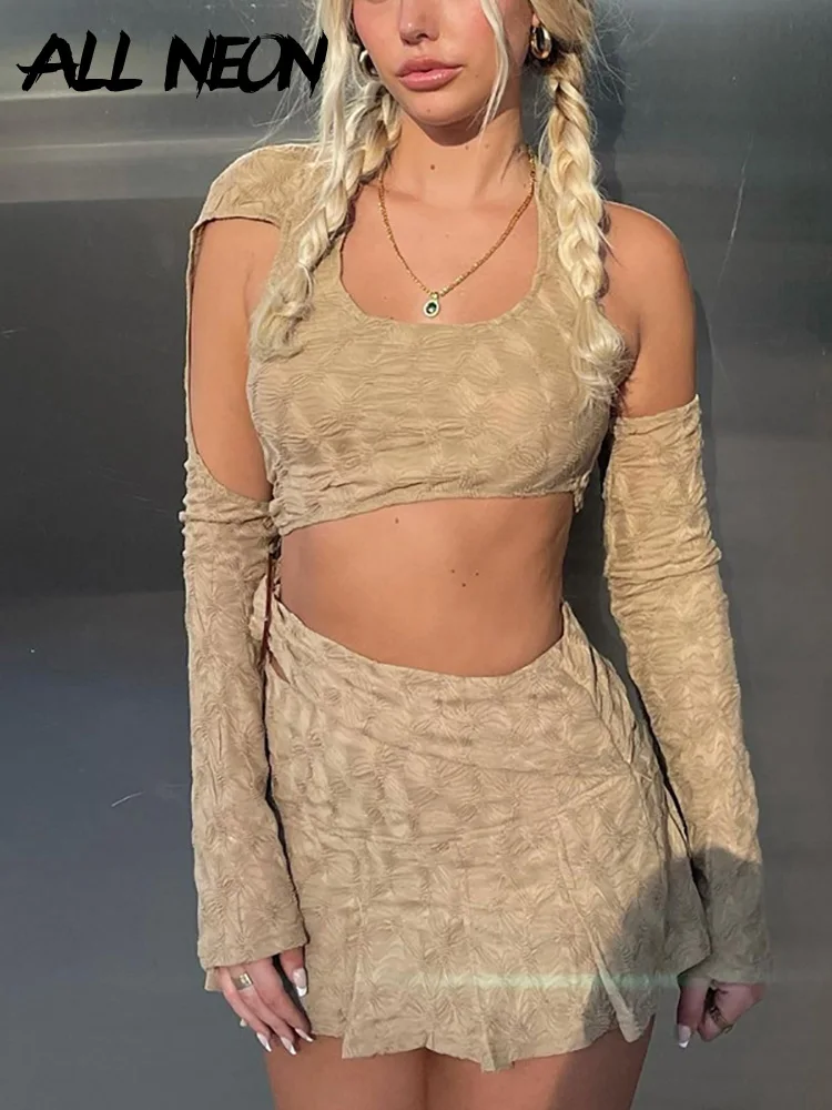 

Винтажный уличный костюм ALLNeon Y2K цвета хаки со складками, милый ретро Топ с длинным рукавом и плиссированная юбка, комплект из 2 предметов