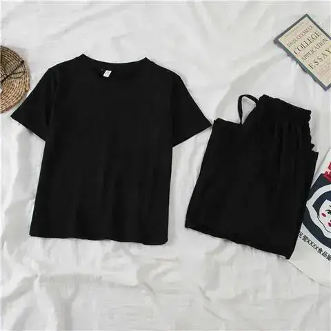 Пижама женская из мягкого хлопка комплект 2 предметов повседневный топ с круглым