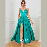 sexy straps backless satin prom dresses with side slit formal evening gowns a line wedding guest dress multi color selection