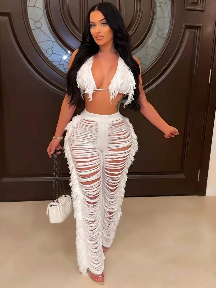 

Knitted Women's Tracksuits Bustier+Pants Set Women 2 Pieces Suit Tassel Trouser Suits Summer 2022 Streetwear Clothing Fashion