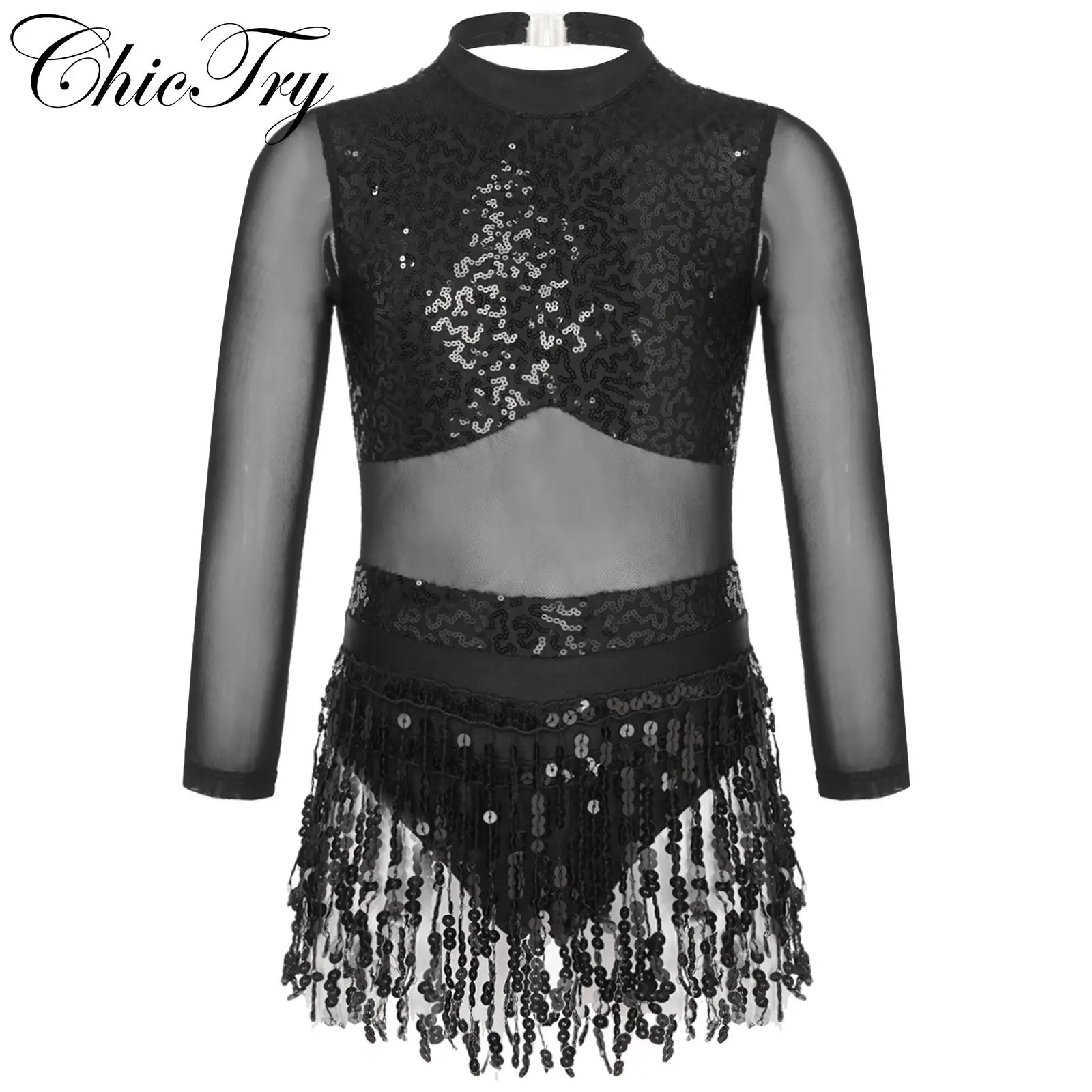 

Kids Girls Sequins Ballet Dress Long Sleeve Round Collar Hollow Back Patchwork Tassel Stage Performance Lyrical Dance Costume