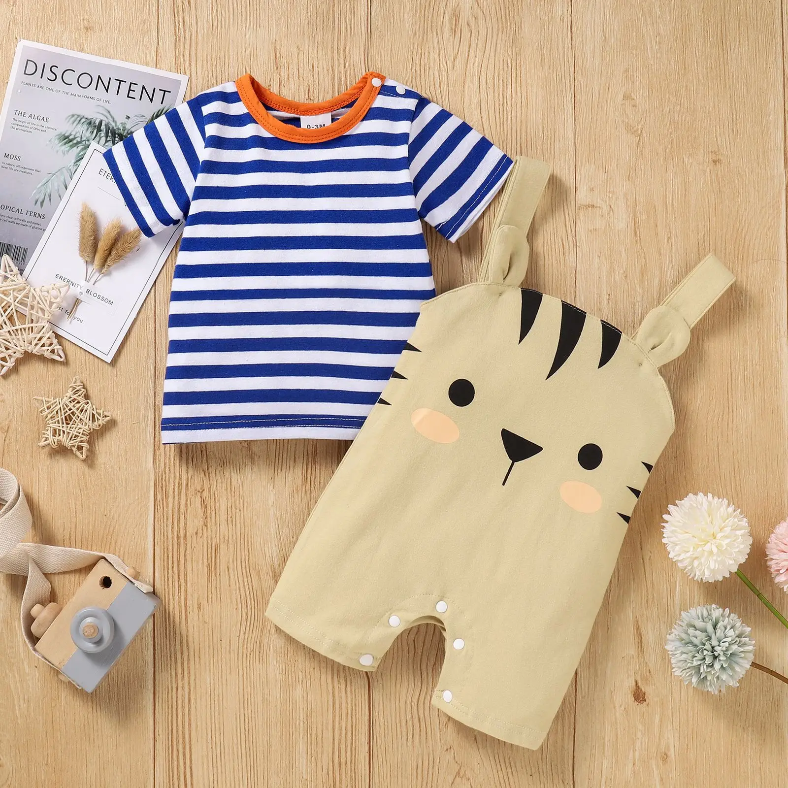 

Baby Girl Boy Overalls Suit Infant Summer Short Stripe Tee Shirt Cat Jumpsuit 2pcs Cotton Clothes Set 3M 6M 9M 12M