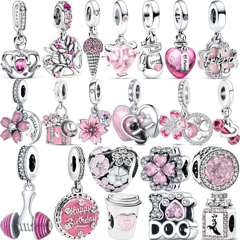 925 Solid Silver Pink Series Heart Flower Tree Friend Happy Birthday Love Beads Fit Original Pandora Charms Bracciale Gioielli Fai Da Te