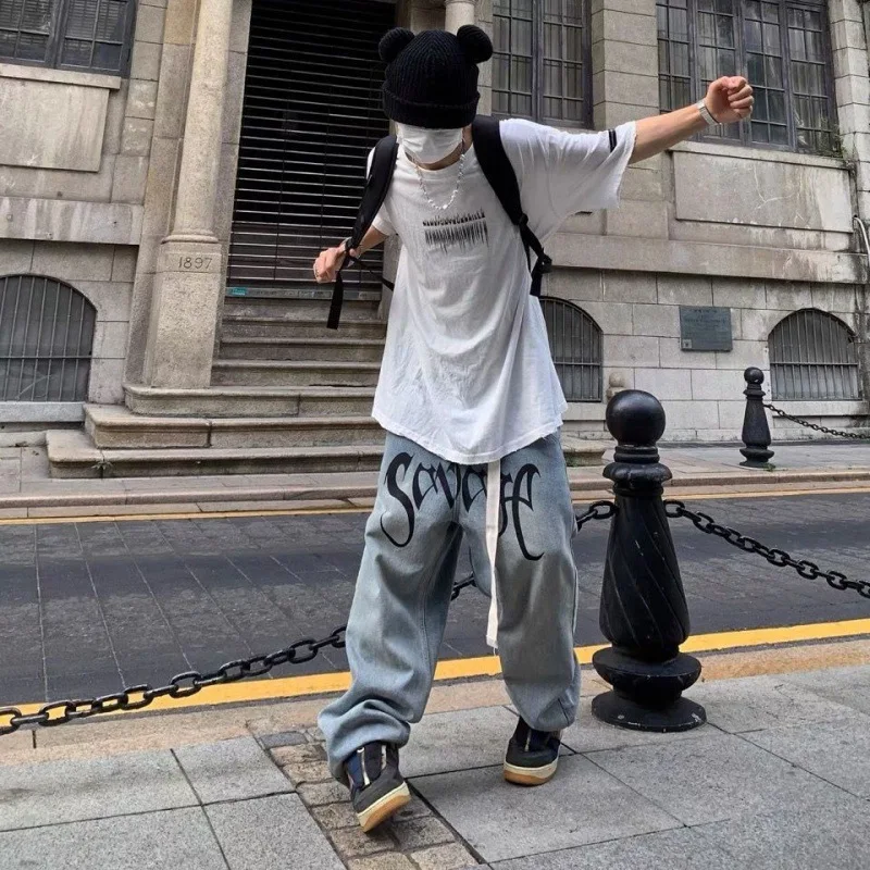 European and American Street Hip Hop Jeans Men's Loose Retro Long Pants Personality Falling Wide Leg Mop Pants
