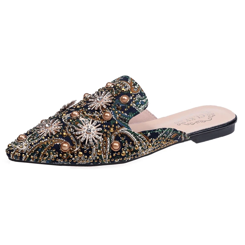 

Women Shoe Fashion String-bead Slippers Shallow Embroidery Low Heel Mules Autumn Outdoor Black Slipper Women Slides