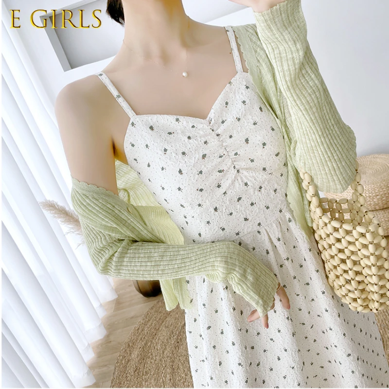 E GIRLS Women Summer Two Piece Set Long Sleeve Sunscreen Knit Cardigan + Spaghetti Strap Long Floral Dress Elegant Suits 2 Piece