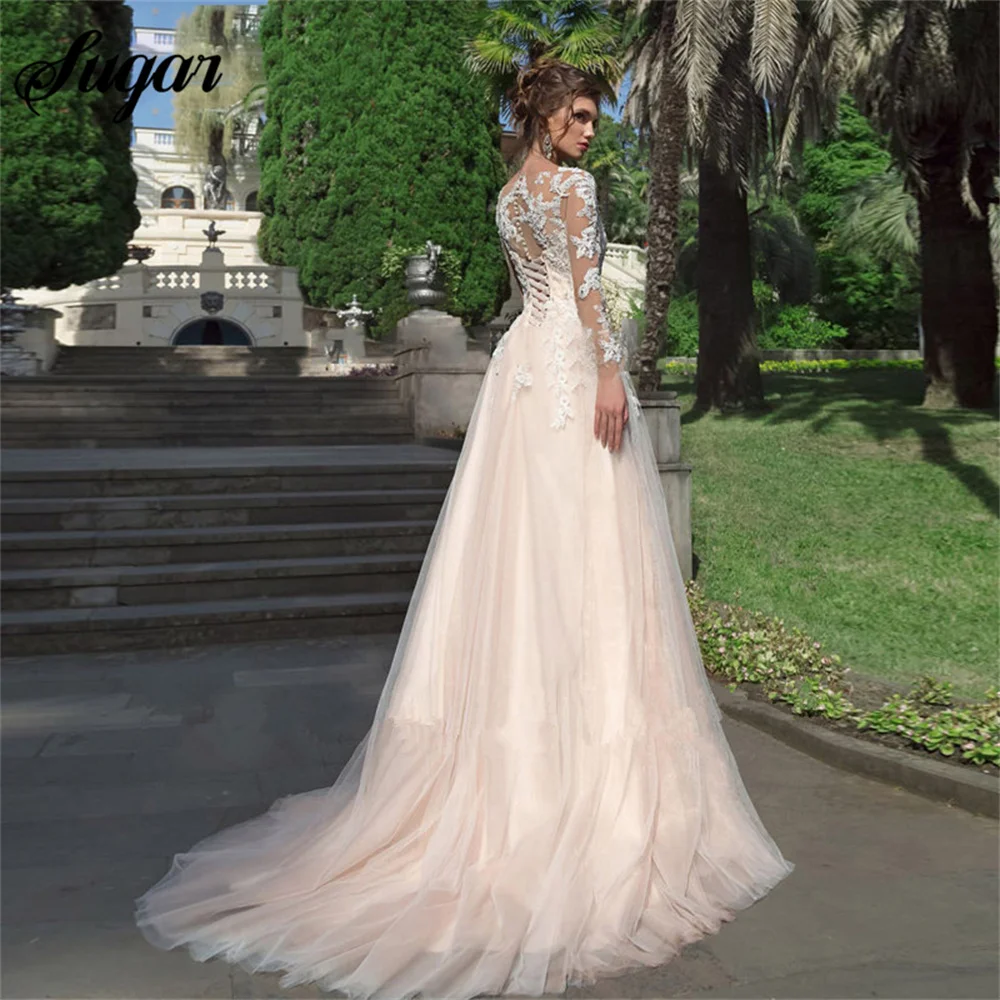 Купи Long Sleeves Tulle Wedding Dress A Line Lace Appliques Bridal Wedding Gowns Lace Up Vestido De Noiva Back Button Floor Length за 4,920 рублей в магазине AliExpress