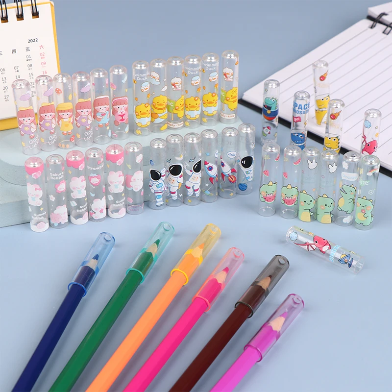 

6 Pcs Colorful Pencil Cover Child Learning Stationery Cartoon Pencil Cap Hat Kids School Student Plastic Pencil Protective Tool