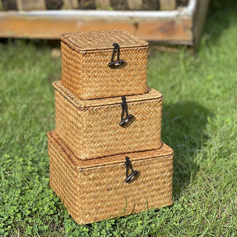 

Handmade Rattan Storage Box With Lid Hand-woven Jewelry Box Wicker Makeup Organizer Food Container Storage Boxes
