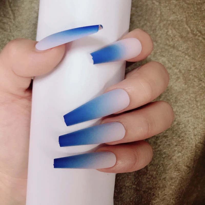 

French Press on Nails Elegant Matte Long Coffin Gradient False Nails Fake Nails Full Cover Nail Art Tips Pink Blue Orange