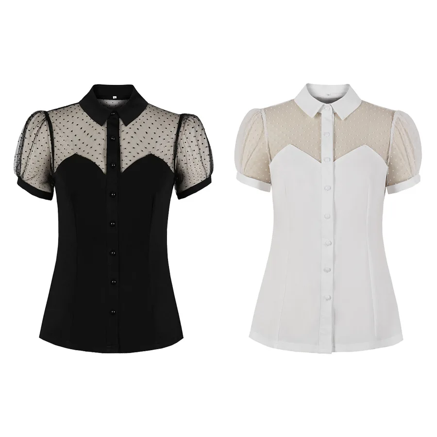 

Summer New Women's Clothing European and American Fashion Temperament Mesh Stitching Lapel Short-sleeved T-shirt Shirt Top