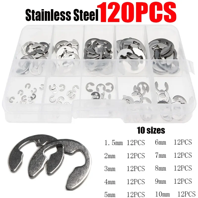 

120pcs 304 Stainless Steel E Clip washer Assortment Kit Internal Circlip Retaining Clip Snap Ring for shaft fastener M1.5~M10