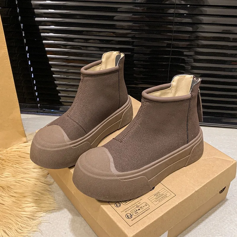 Замшевые ботильоны на платформе плоской подошве женские теплые плюшевые