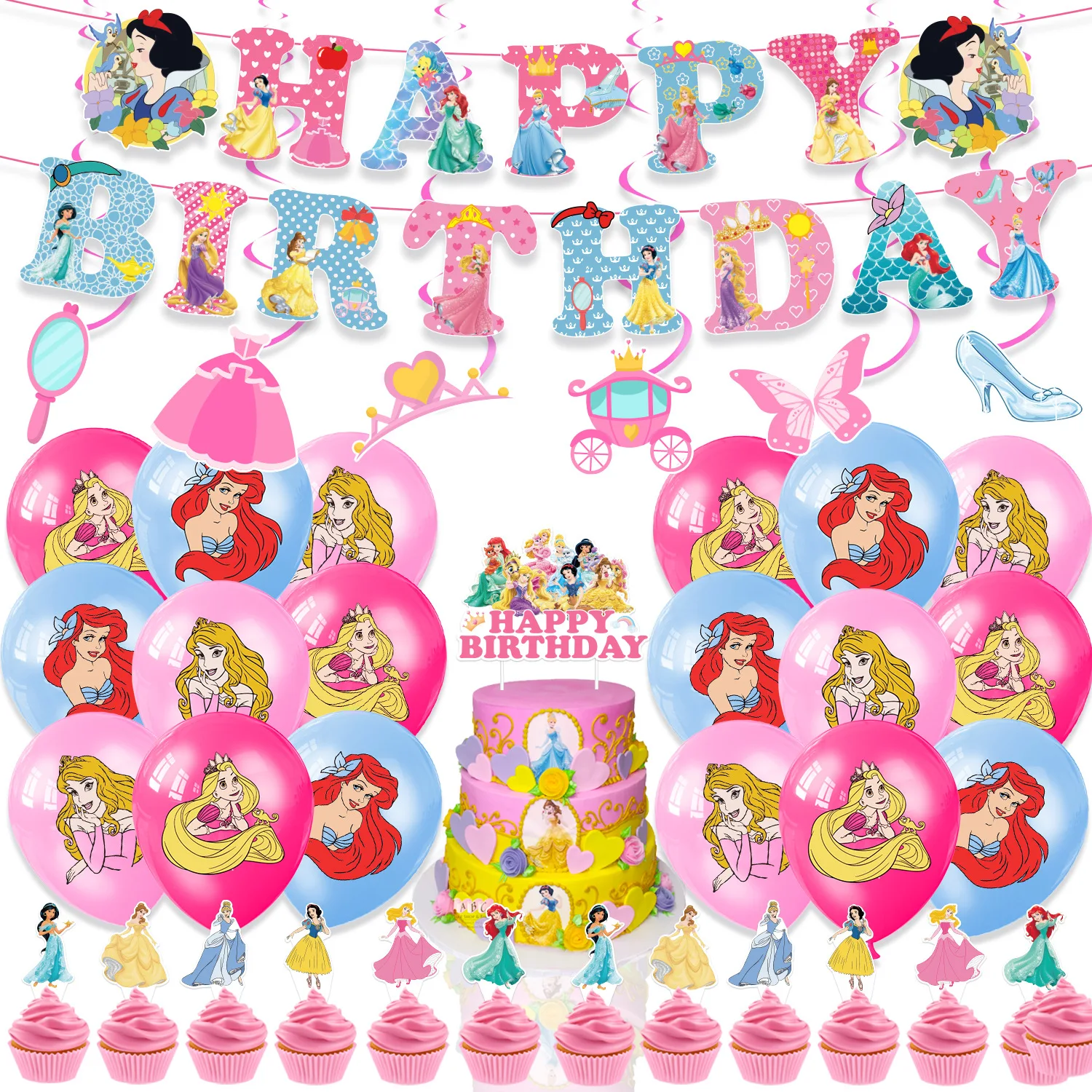 

Princess Theme Birthday Party Decoration Girls Banner Cake Topper Balloon Spiral Charm Party for Kids Baby Shower Decor Supplies