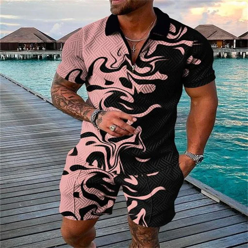 

High Quality New Men's Fashion Lapel Polo Shirt Short Sleeve + Shorts Suit Street Sports 3D Printing Men's Sportswear Summer