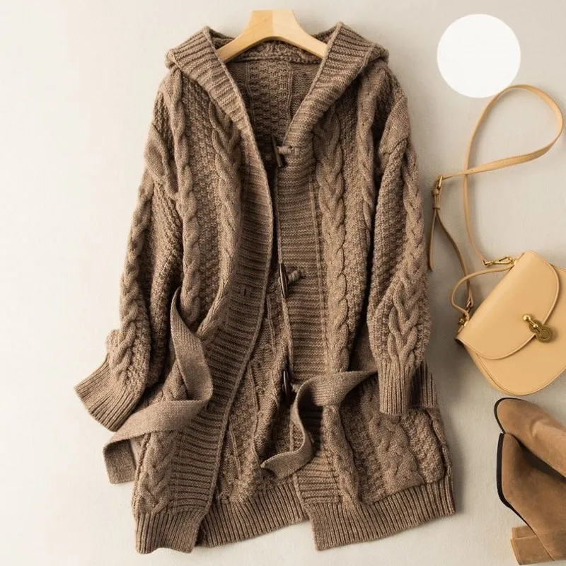 

Женский вязаный кардиган оверсайз, Повседневный свитер с капюшоном и длинным рукавом, вязаная крючком верхняя одежда, Y2k, Осень-зима 2022