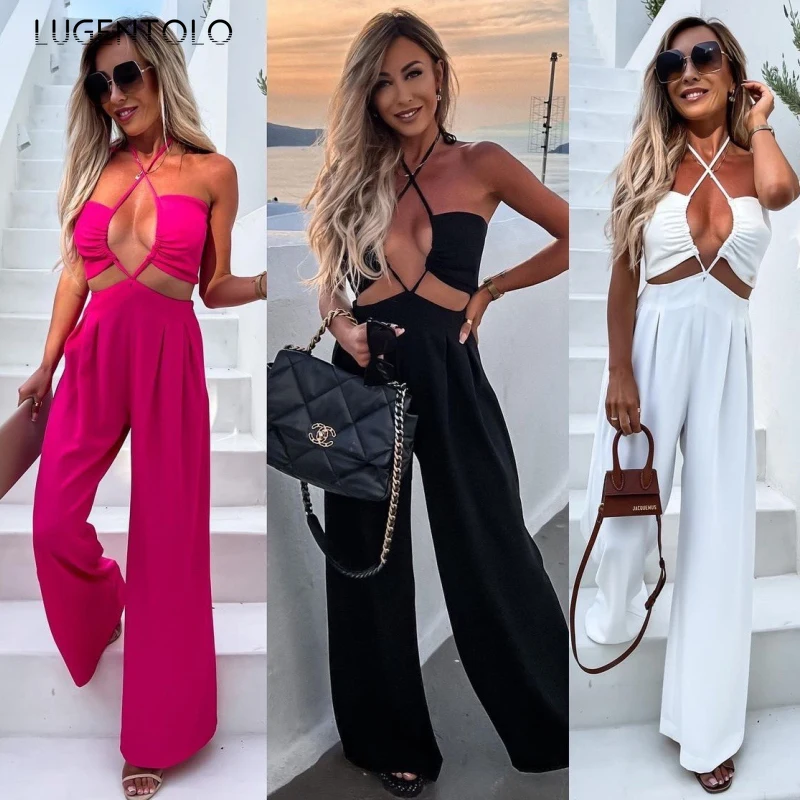 

Women Sexy Jumpsuits Summer Solid Halter Sexy Hollow Out Sleeveless Casual Wide Leg Pants Thin Fashion Jumpsuit