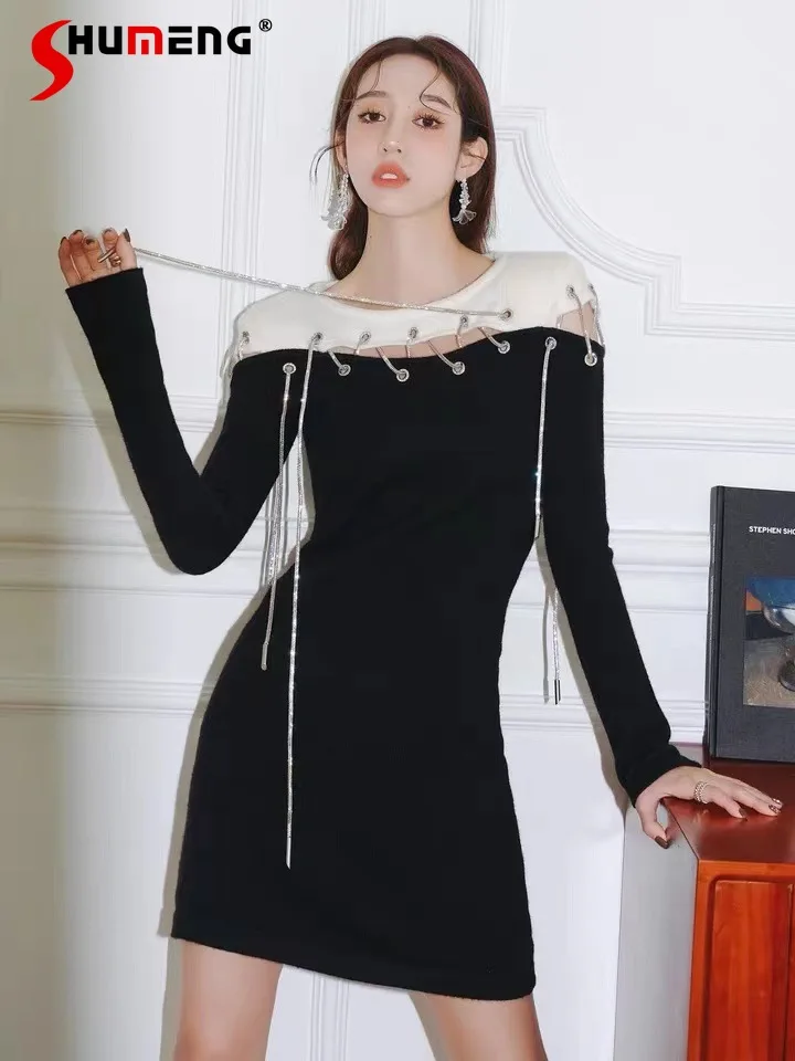 

Autumn New Sexy Long Sleeve Colorblock Dress Shawl Stitching Black Dress High Waist Figure Flattering Sheath Short Dress