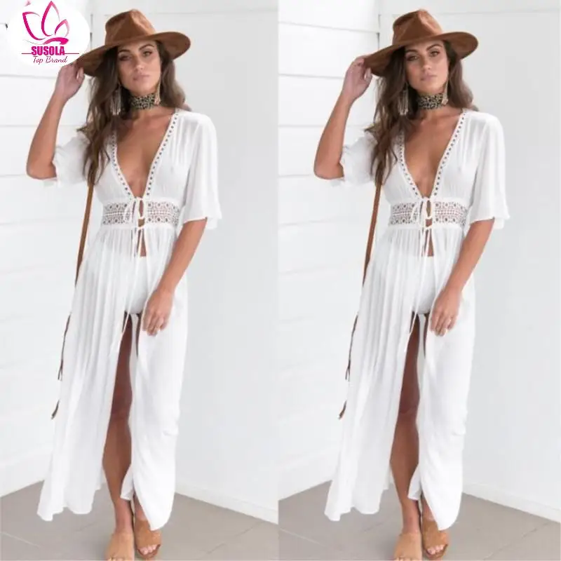 

Bikini Cover Up Beach Long Maxi Dress Women Beach Cover Up Tunic Pareo White V Neck Dress Robe Swimwear Bathing Suit Beachwear