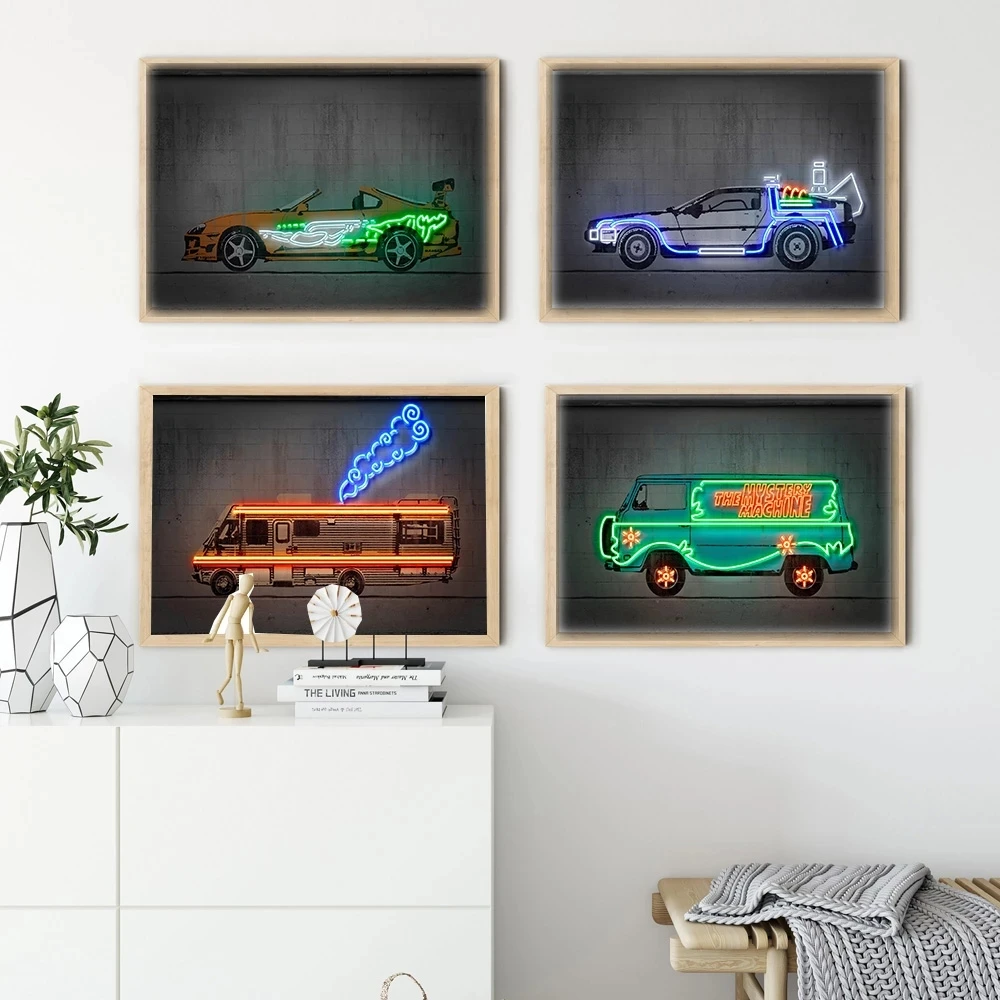 Неоновые художественные постеры с автомобилем Назад в будущее улица Картина на