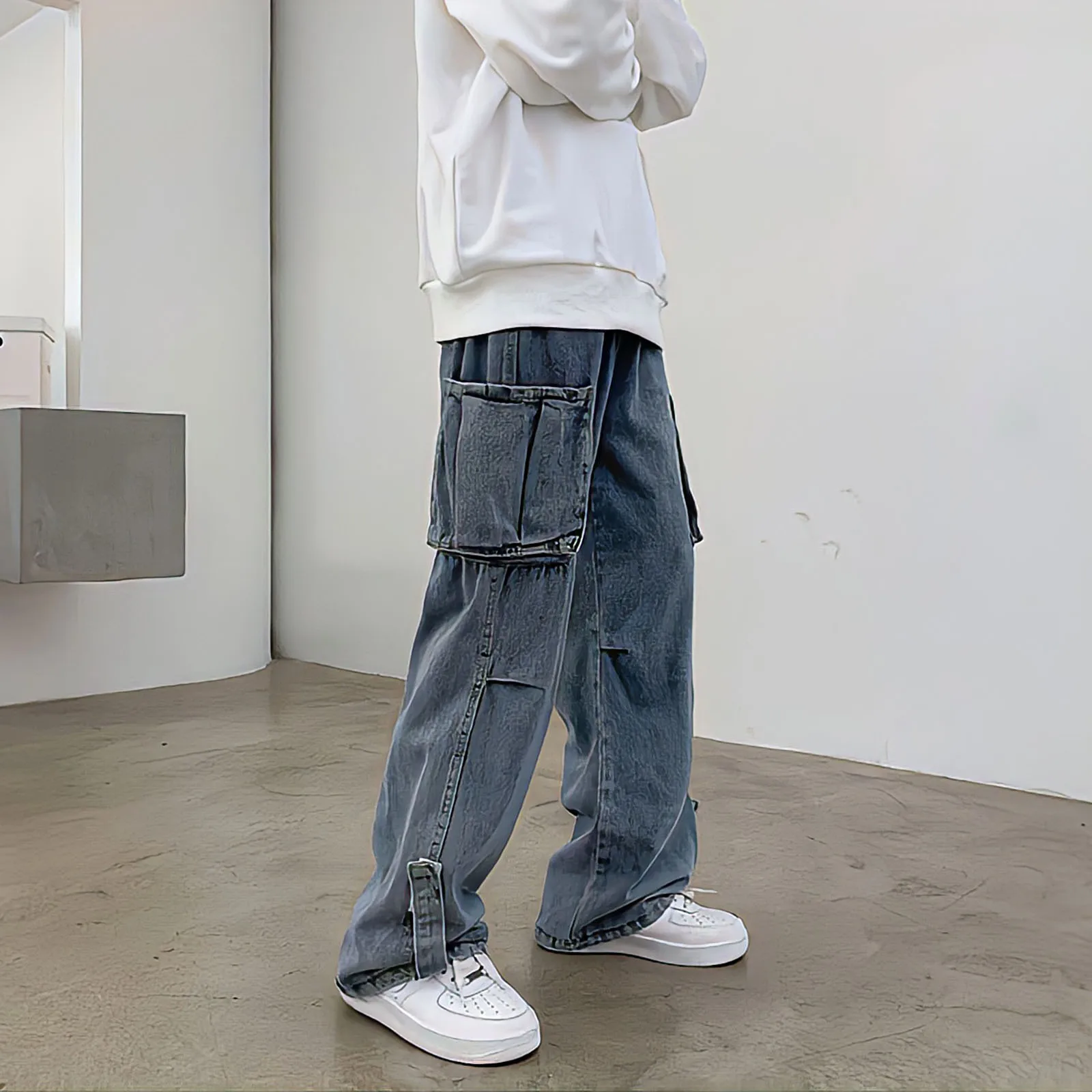 Harajuku Vintage Blue Baggy Jeans Man High Waist Y2k Streetwear Fashion Hip Hop Cargo Pants Straight Wide Leg Denim Trousers