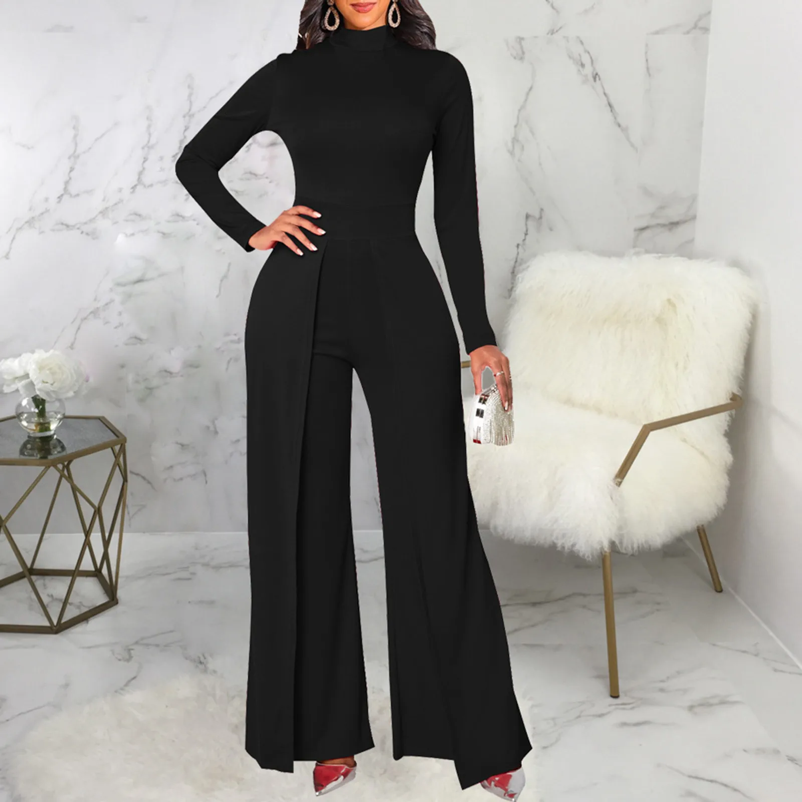

Women's Rompers Casual Solid Long Sleeve Sexy White Collar Jumpsuits Women Playsuits Wide Leg Loose Jumpsuit Office Overalls